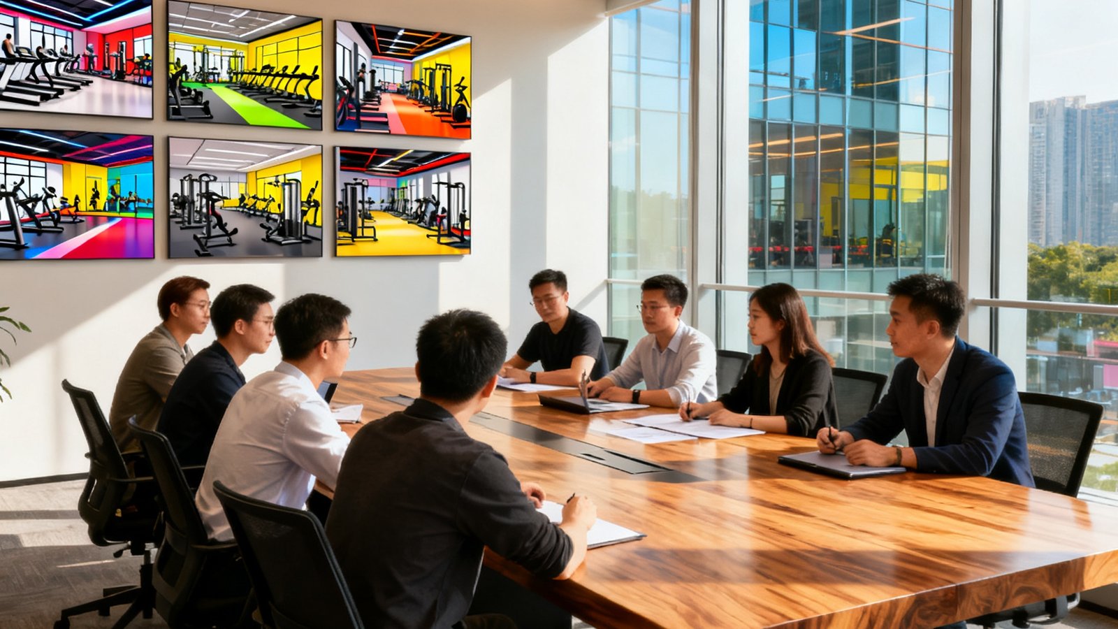 必一运动深圳总部办公室内景，十几位团队成员围坐于长桌旁进行方案讨论，背景墙上悬挂着多幅健身房3D效果图，阳光透过落地窗洒入室内